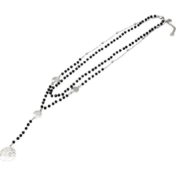 Náhrdelník Mareb Dlouhý náhrdelník Strom života z chirurgické oceli 316L – černé korálky, stříbrná barva