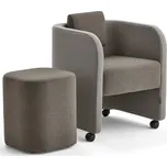 Nábytková sestava COMFY, křeslo a taburet, s kolečky, vlněný potah, písková/hnědá