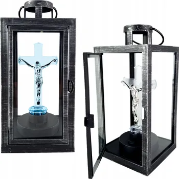 Svícen DEKORATIVNÍ LUCERNA S KŘÍŽEM LED LUCERNA NA BATERIE NA HROB ČERNÁ