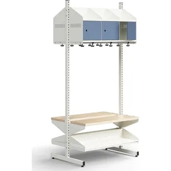 Věšák Šatní stěna ENTRY, lavice, 6 kovových dvířek, 1800x900x600 mm, bílá/modrá