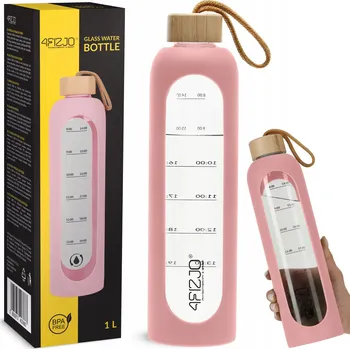 4FIZJO Skleněná láhev na vodu, lahev na pití s ryskou na nápoje 1l Růžová
