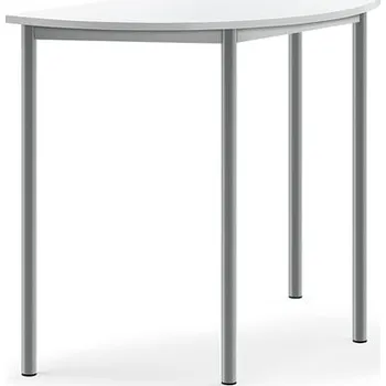 Jídelní stůl Stůl SONITUS, půlkruh, 1200x600x900 mm, stříbrné nohy, HPL deska tlumící hluk, bílá