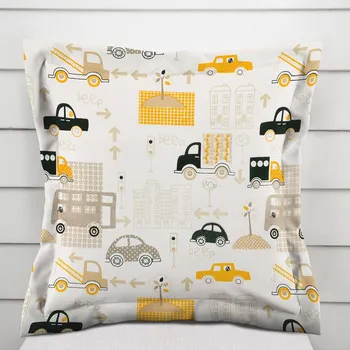 Povlak na dekorativní polštářek Dětský bavlněný povlak na polštář s lemem Sandra SA-672 Žlutá a šedohnědá auta ve městě na bílém 50 x 50 cm
