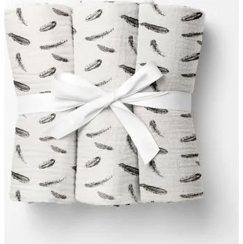 Přebalování Mušelínová plena/dečka Nature MSN-074 Černošedá peříčka na krémově bílém - ZVÝHODNĚNÁ SADA 3 KS 100x100 cm - Sada 3 ks