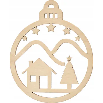 Vánoční dekorace DŘEVĚNÁ VÁNOČNÍ KOULE NA VÁNOČNÍ STROMEK ZASNĚŽENÝ DOMEČEK