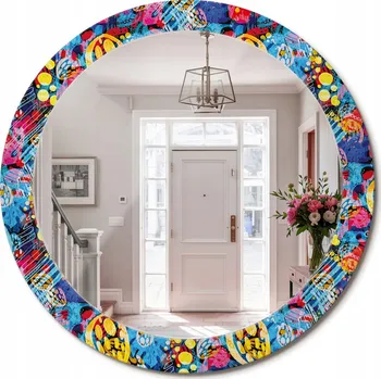 Zrcadlo Zrcadlo s ozdobným skleněným okrajem, barevné čmáranice, průměr 80 cm