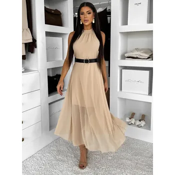 Dámské šaty Béžové dlouhé šaty DLEGO s páskem Velikost: ONESIZE