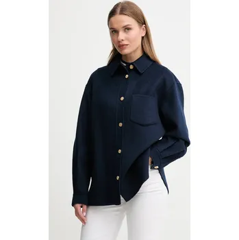 Bunda s příměsí vlny Tommy Hilfiger tmavomodrá barva, oversize, WW0WW46558 59X, vel. 42