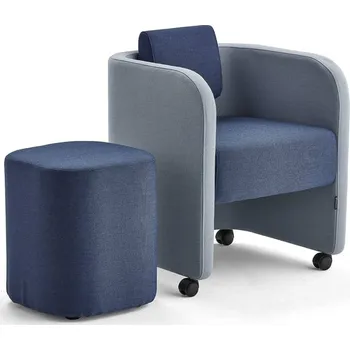 Křeslo Nábytková sestava COMFY, křeslo a taburet, s kolečky, vlněný potah, blankytně modrá/námořnická modrá