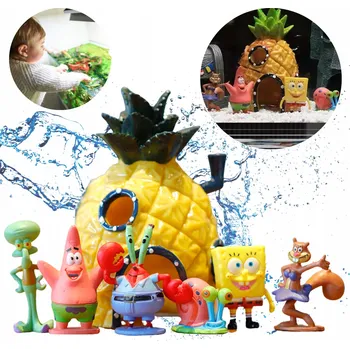 Dekorace do akvária DEKORACE DO AKVÁRIA DOMEČEK + FIGURKY 6 KS SPONGEBOB ÚKRYT PRO RYBY ANANAS