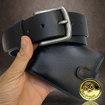 Peněženka Černý kožený set ROYAL EXCLUSIVE – peněženka se zapínáním + pásek s monogramem Vyberte variantu: 105 (pro obvod pasu 100-110cm) + Akce - zlatá mince Pro štěstí ZDARMA