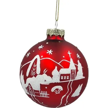 Vánoční ozdoba Koule sklo 80 mm na stromeček vesnička, červená