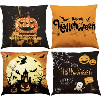 Obraz 4x Poszewka Na Poduszkę Dekoracyjną Motiv Halloween Dýně Netopýři Kočka