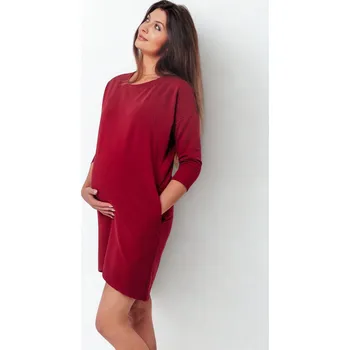 Těhotenské šaty Mikinové těhotenské a kojící šaty 3v1 s kapsami – bordó, bavlna, 3/4 rukáv Velikost: L