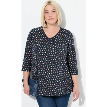 Dámské tričko Ulla Popken, Plus size Tričko, vzor perníčků, A střih, výstřih do V, 3/4 rukávy pro plnoštíhlé nadměrná velikost, 844894130-1129, modrý, 46/48, Nadměrné velikosti, Plus size oblečení, Oblečení pro boubelky, Oblečení pro baculky, Oblečení pro plnoštíhlé, O