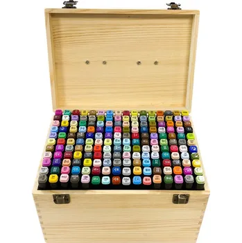 Výtvarná sada Sada alkoholových markerů s dvojitým hrotem, v dřevěné krabičce, 176 ks