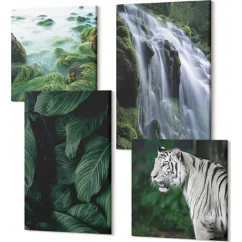 Obraz Sada nástěnných dekorací Obraz Na Plátně Bílý tygr, vodopád a listy