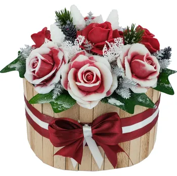umělá květina Speciální vánoční edice - mýdlová kytice plná červených a červeno bílých růží - kytice v dřevěném boxu