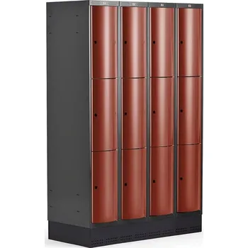 Šatní skříň Boxová šatní skříň CURVE, 4 sekce, 12 boxů, 1890x1200x550 mm, sokl, červené dveře