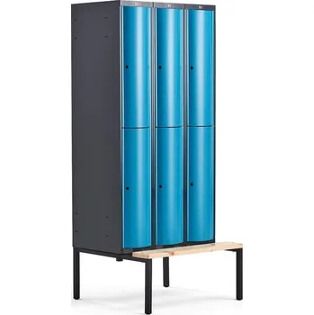 Šatní skříň Boxová šatní skříň CURVE, 3 sekce, 6 boxů, 2120x900x550 mm, lavice, modré dveře