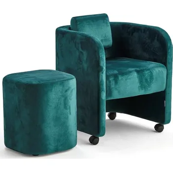 Křeslo Nábytková sestava COMFY, křeslo a taburet, s kolečky, samet, smaragdová