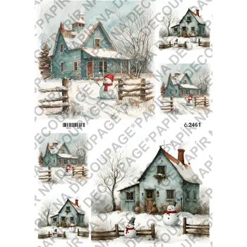 Umělecký papír Rýžový a soft papír na decoupage - Zimní stavení, sněhulák - KB2461 Materiál: Soft, Rozměr: A4