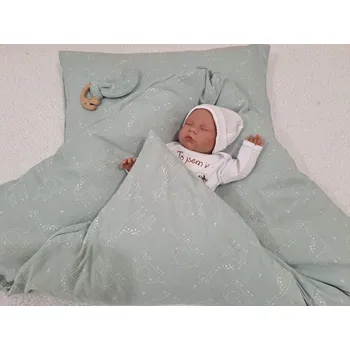 Zavinovačka Pro útulný domov Péřová zavinovačka mušelínová Fauna mentolová Sada 4v1 TYP zavinovačky: KLASIK, ROZMĚR zavinovačky a polštářku: 80 x 80 cm + 40 x 60 cm