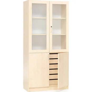 Šatní skříň Šicí skříň THEO, se zásuvkami, půlené prosklené dveře, 2100x1000x470mm, bříza