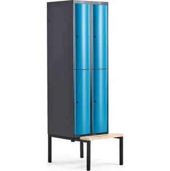 Šatní skříň Boxová šatní skříň CURVE, 2 sekce, 4 boxy, 2120x600x550 mm, lavice, modré dveře