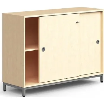 Policová skříň Skříň s posuvnými dveřmi QBUS, 1 police, nohy, úchytky, 868x1200x400 mm, stříbrná, bříza