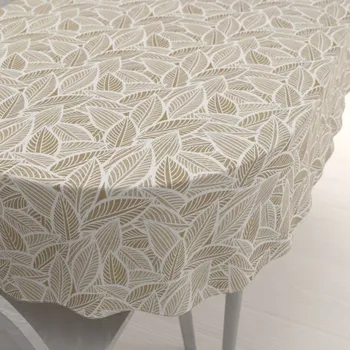 ubrus Velký dekorační oválný ubrus Leona LN-168 Bílé listy na světle hnědém 160x200 cm