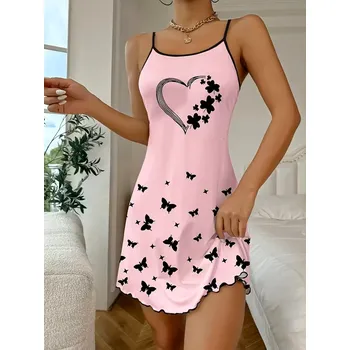 Dámská noční košile Krátká růžová noční košilka na ramínka s motýlky Barva: Růžová, Velikostní tabulka: S