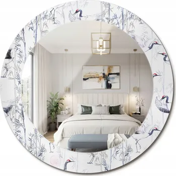 Zrcadlo Kulaté nástěnné dekorativní zrcadlo ve skleněném rámu Jeřábi ptáci průměr 60 cm