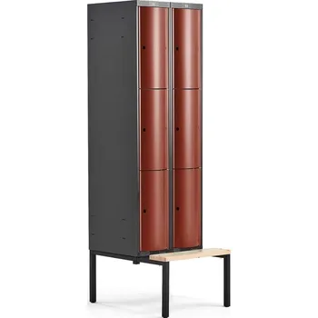 Šatní skříň Boxová šatní skříň CURVE, 2 sekce, 6 boxů, 2120x600x550 mm, lavice, červené dveře