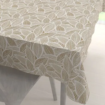 ubrus Dekorační obdélníkový ubrus Leona LN-168 Bílé listy na světle hnědém 120x160 cm