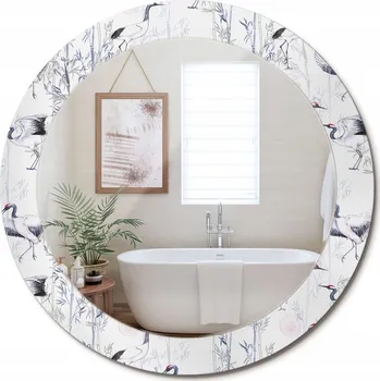 Zrcadlo Kulaté nástěnné dekorativní zrcadlo ve skleněném rámu Jeřábi ptáci průměr 70 cm