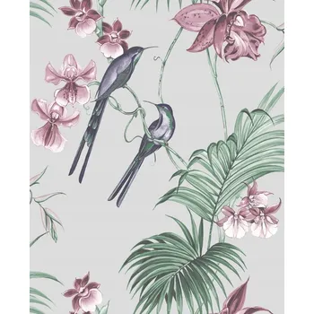 Tapeta Vinylová tapeta s se třpytkami, ptáci, tropické listy
