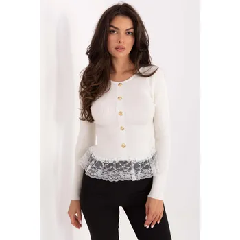 Dámský svetr Vroubkovaný svetr s ozdobnými knoflíky a krajkou model 02785 barva ecru