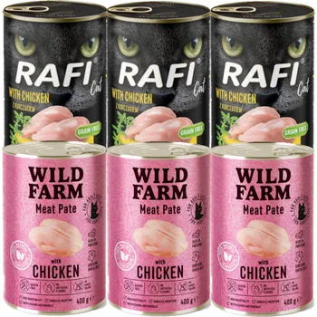 Krmivo pro kočku RAFI Cat Adult + WILD FARM Paštika s kuřecím masem 6x400g