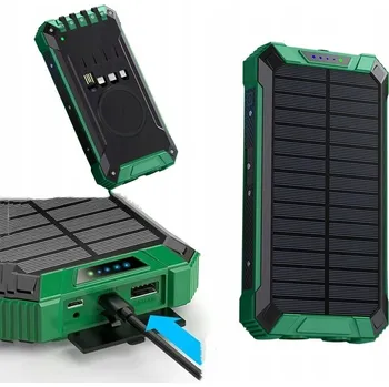Powerbanka SOLÁRNÍ POWERBANKA 10000 MAH ZELENÁ S SVÍTILNOU USB ČTYŘI KABELY NABÍJENÍ