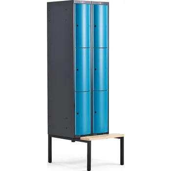 Šatní skříň Boxová šatní skříň CURVE, 2 sekce, 6 boxů, 2120x600x550 mm, lavice, modré dveře