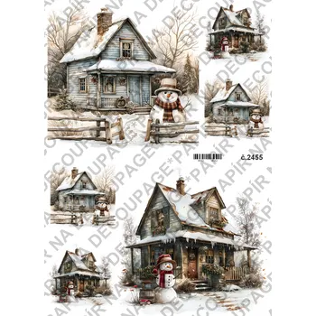 Umělecký papír Rýžový a soft papír na decoupage - Zimní stavení, sněhulák - KB2455 Materiál: Soft, Rozměr: A4