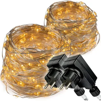 Vánoční dekorace 2x dekorativní vánoční stříbrný drátek se svítícími mini LED, do zásuvky, venkovní + vnitřní, časovač, 14,9 m