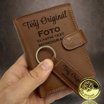 Peněženka Světle hnědý kožený set – peněženka se zapínáním + klíčenka s vlastním textem, věnováním nebo fotkou Vyberte variantu: bez jakékoliv úpravy + Akce - zlatá mince Pro štěstí ZDARMA