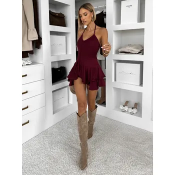 Dámské šaty Vínové volánkové mini áčkové šaty FIORINA Velikost: ONESIZE