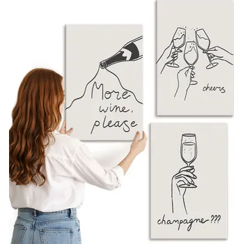 Obraz Dekorativní Sada Obrazů na Plátně Set Šampaňské Víno line-art 3x 40x60 cm