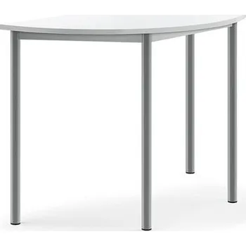 Jídelní stůl Stůl SONITUS, půlkruh, 1200x600x760 mm, stříbrné nohy, HPL deska tlumící hluk, bílá