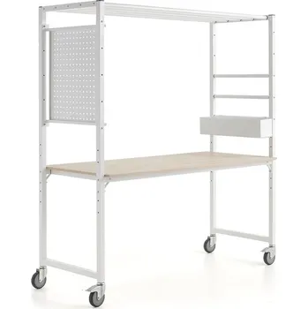 Dílenský stůl Mobilní multifunkční stůl TEAMWORK, box na příslušenství, perforovaný panel, bílá/jasan