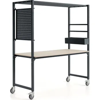 Dílenský stůl Mobilní multifunkční stůl TEAMWORK, box na příslušenství, perforovaný panel, antracitová/jasan