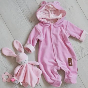 Kojenecký overall Semiškový, velurový overal s kapucí Baby Nellys New Bunny, růžový, vel. 86, Velikost koj. oblečení 68 (3-6m)